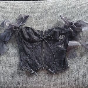 Chic Black Lace Crop Top with Bow Accents